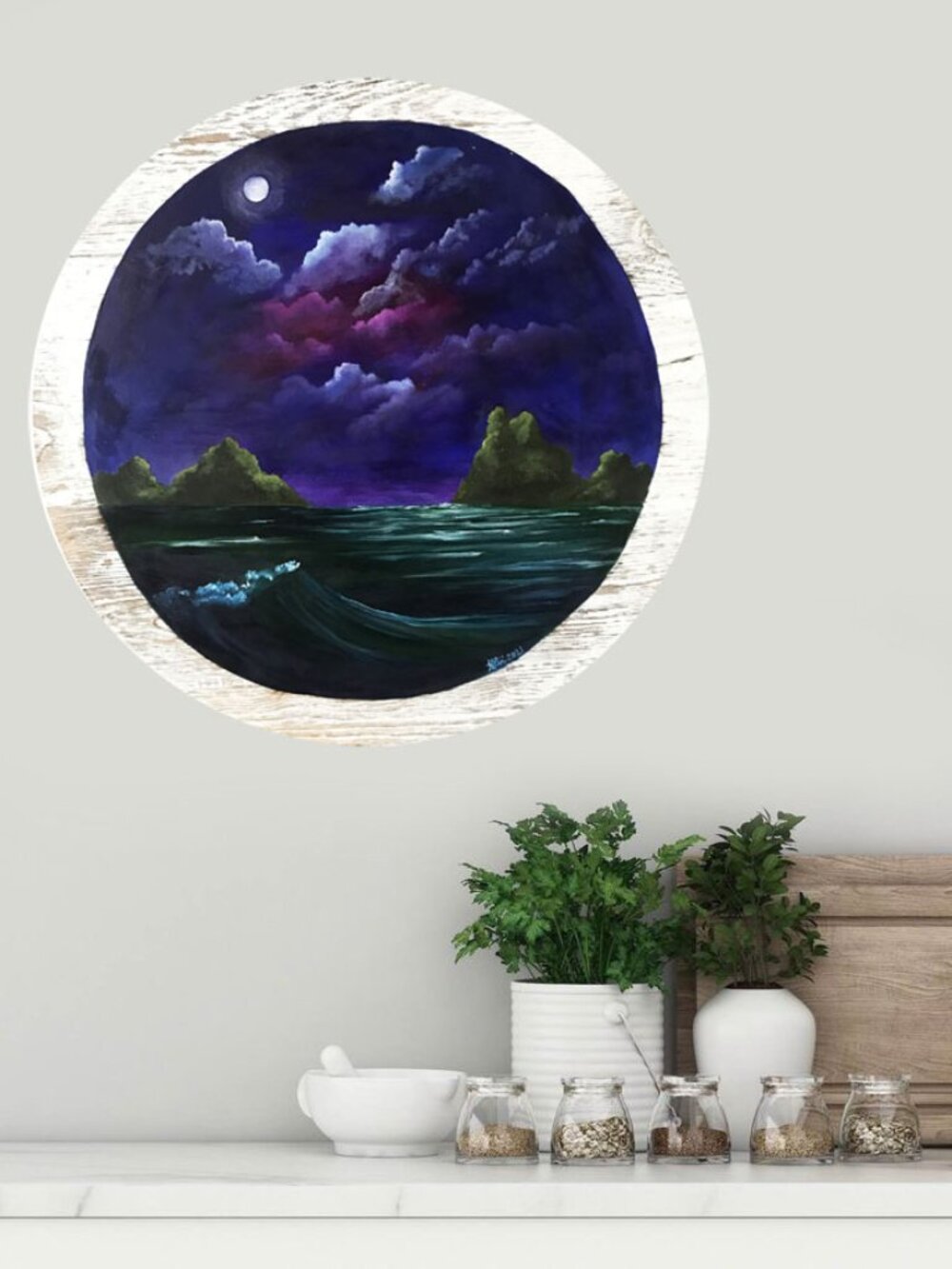 Purple Sky Painting on White Washed Barn Wood Round Wall Decor Art Ocean Sea